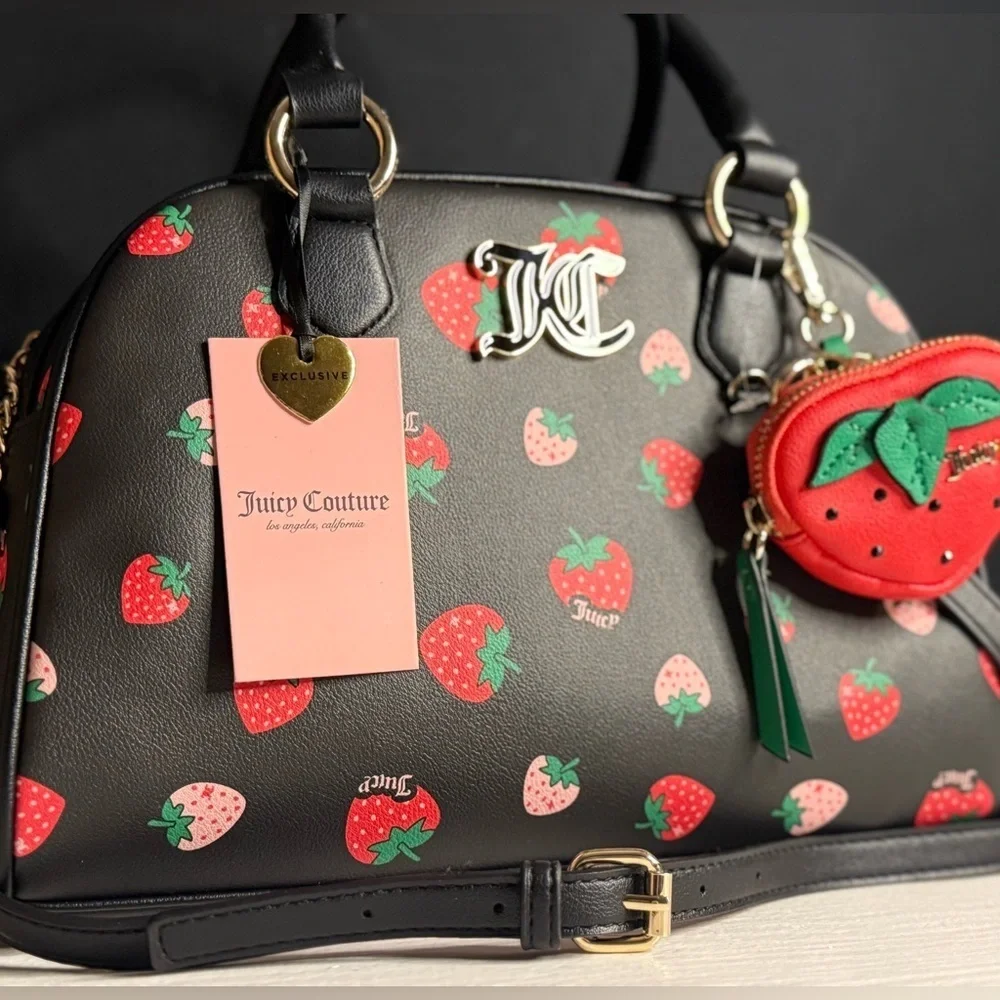 Juicy Couture Sweet N Juicy Strawberry Bowler Bag Black With Coin Pouch NWT
